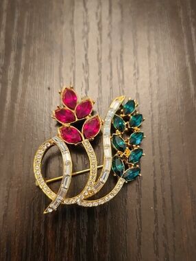 Gold-Tone Floral Crystal Brooch with Pink and Teal Marquise Stones